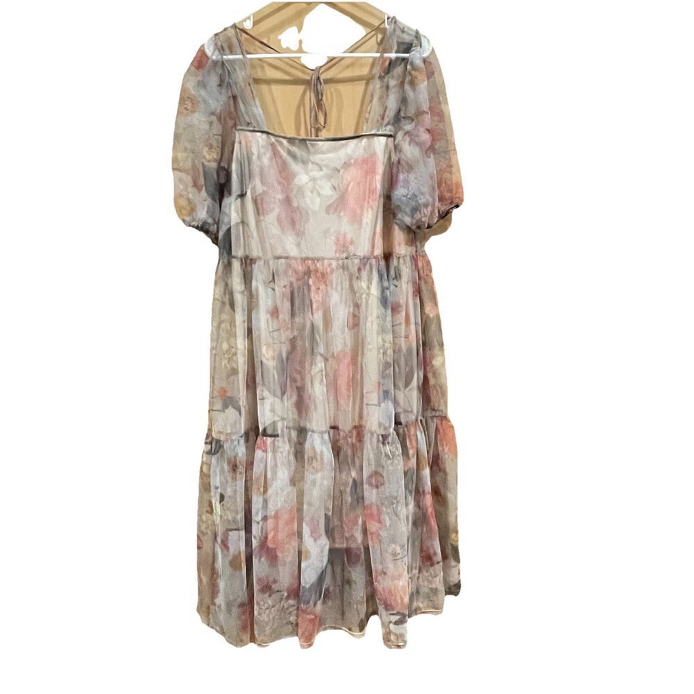 H&M Women's Tiered Puff-Sleeved Floral Mesh‎ Midi Dress Size Medium